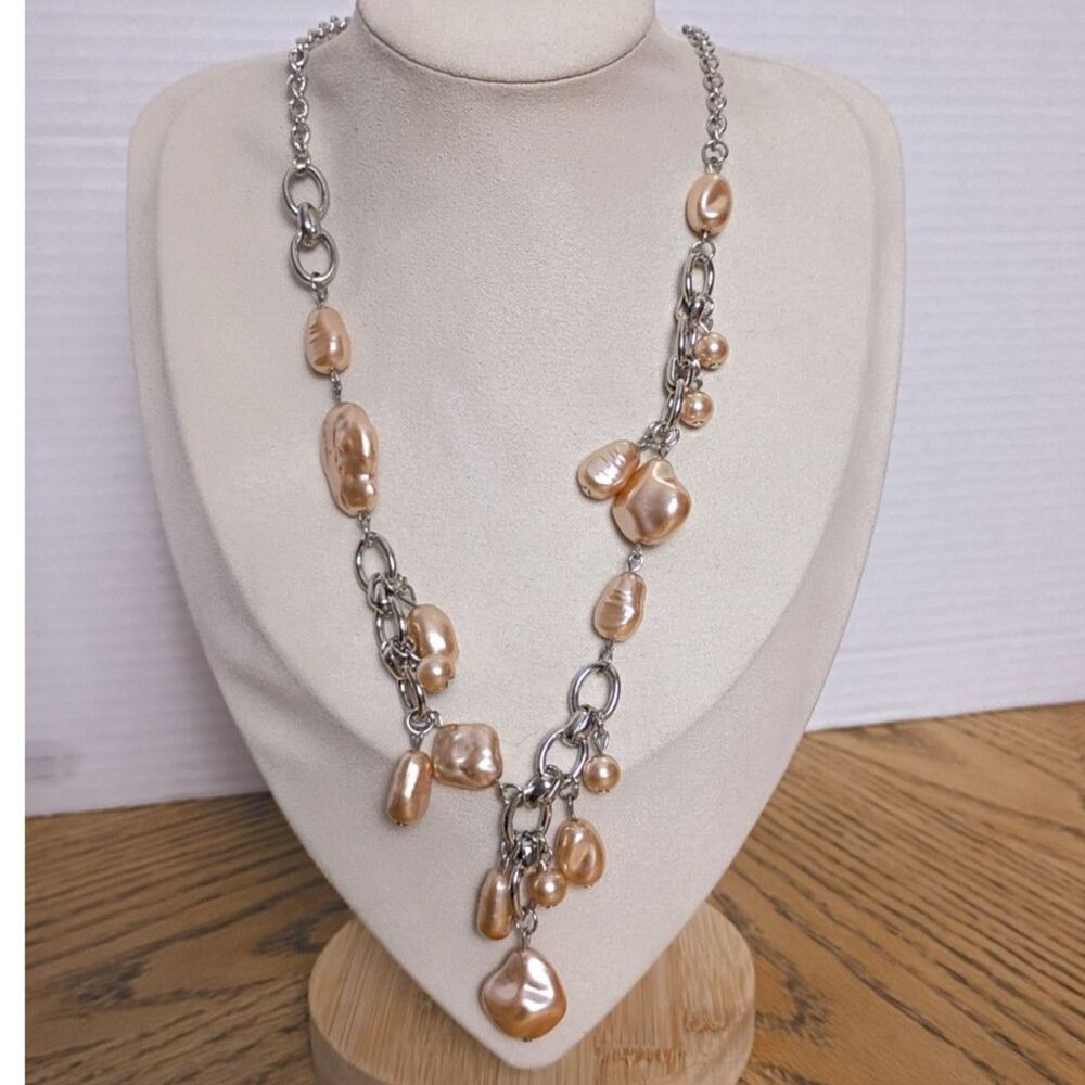 Vintage Faux Soft Pink Pearl Necklace with Silvertone Rings and Chain, Paparazzi
